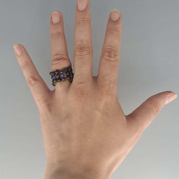 Brown Goldtone Sandstone w/ Blue Swarovski Crystal Ring - Picture 2 of 5